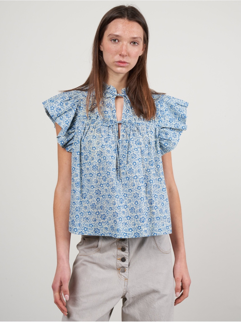 Sea New York Blue and White Floral Flutter-Sleeve Blouse